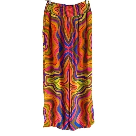 Wavy Psychedelic Rainbow Silk Crepe Wide Leg Resort Pants - O/S 🌈 - Picture 8 of 10